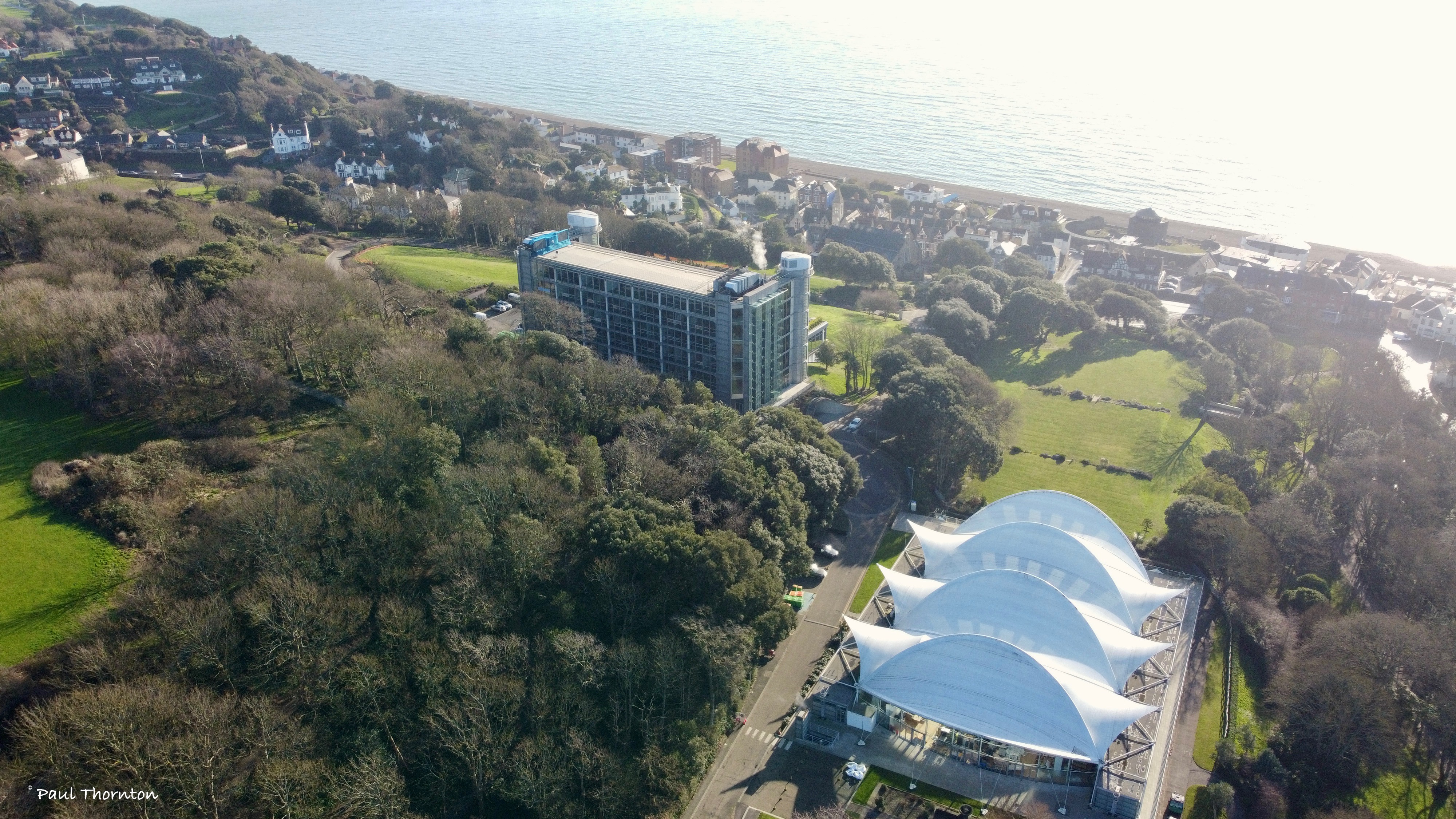Drone footage of the Pavilion and Enbrook Park [photo from Paul Thornton, Saga]